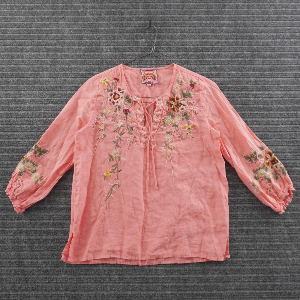 Johnny Was Blouse Womens Size S Pink Embroidered Linen Boho Split Neck Top